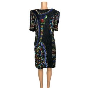 Eve’s Allure Vintage Women's Sz L All Silk Heavily Beaded Knee Length Dress